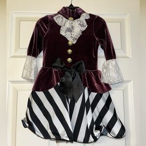 Girls Burgundy Velvet Dance Dress with Black & White Striped Skirt